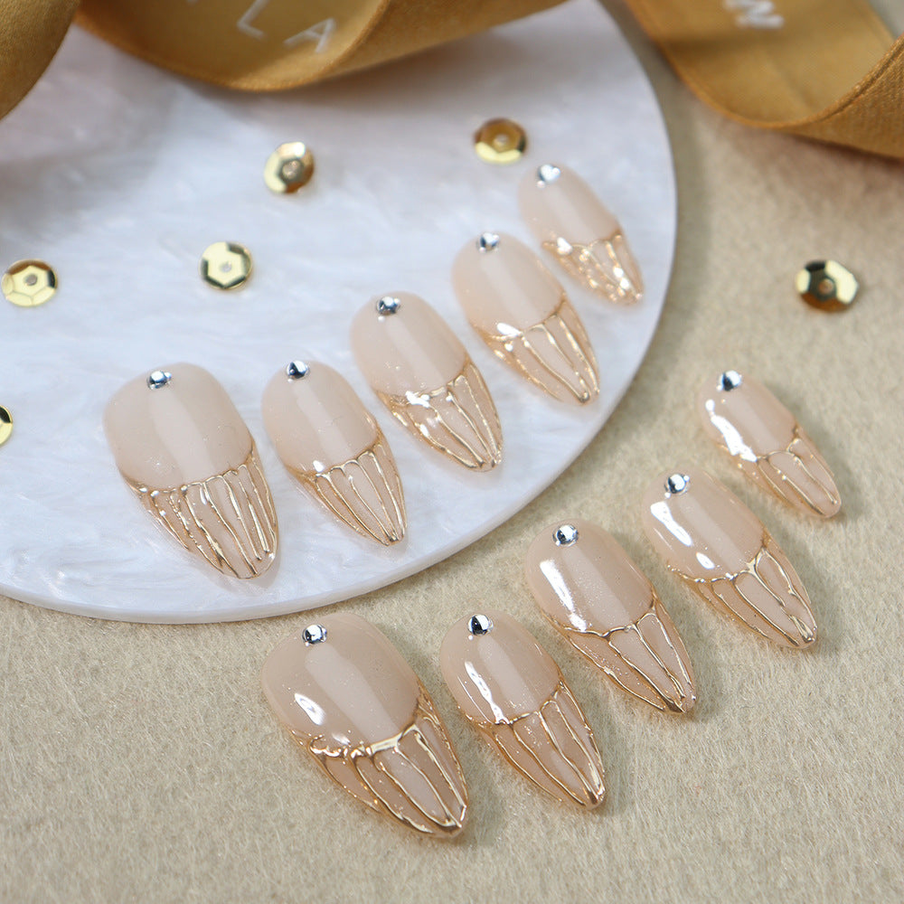 Golden Spider Silk French Tip Handmade Almond  Nails A956 - NoirNail