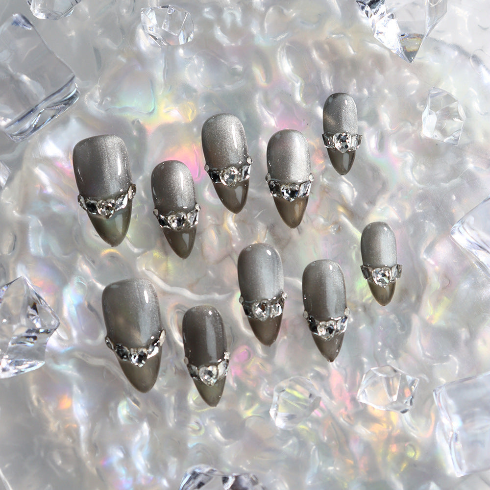 Brown crystal shoes Handmade Almond Press On Nails A672