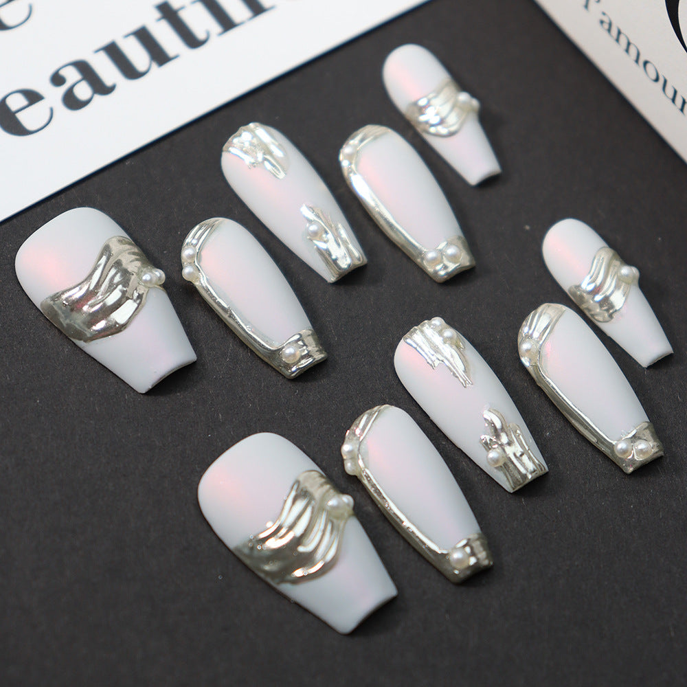 White pearl oyster Handmade Coffin Press on Nails 111