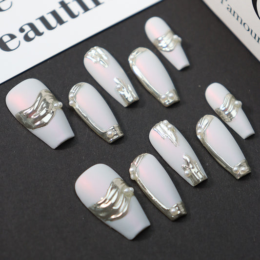 White pearl oyster Handmade Coffin Press on Nails 111