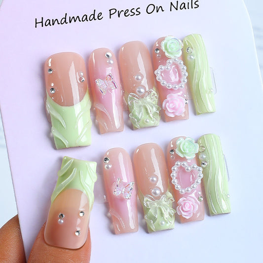 Love Bow Roses Square Press On Nails - NoirNail