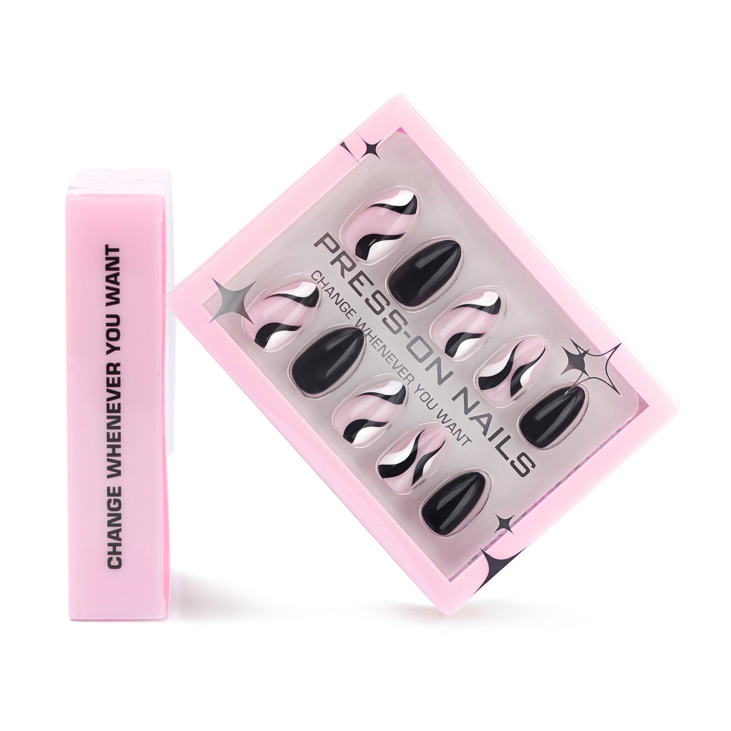 Black and White Abstract Stripes Almond 30PCS Free Size Press on Nails GD19