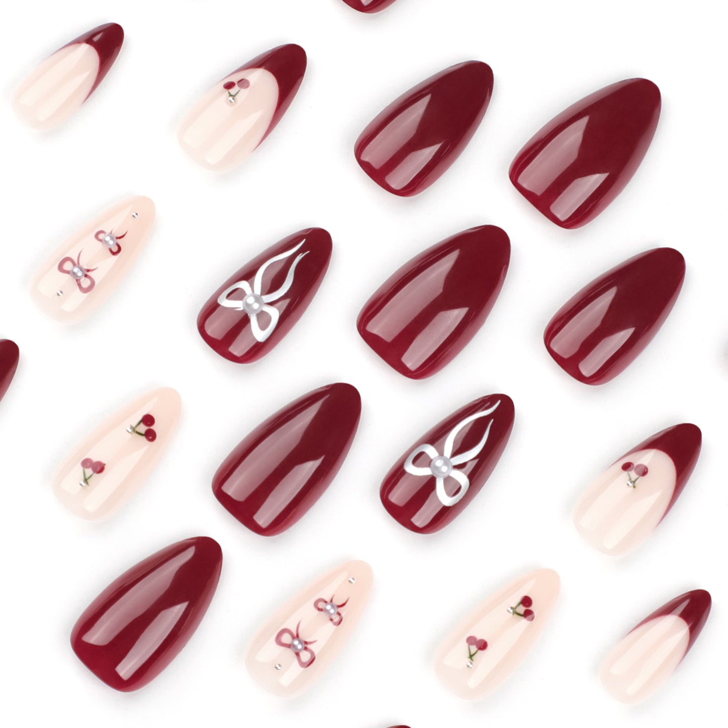 Cherry Wine Red Almond 24PCS Free Size Press on Nails