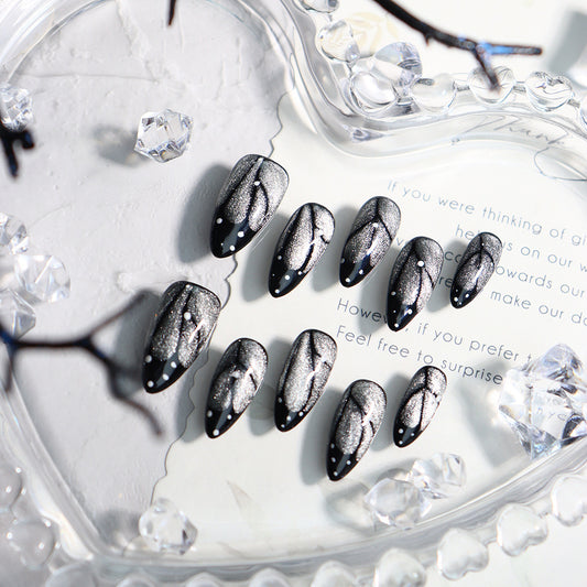 Butterfly Cat's Eye Y2K French Tip Handmade Almond  Nails  A661 - NoirNail