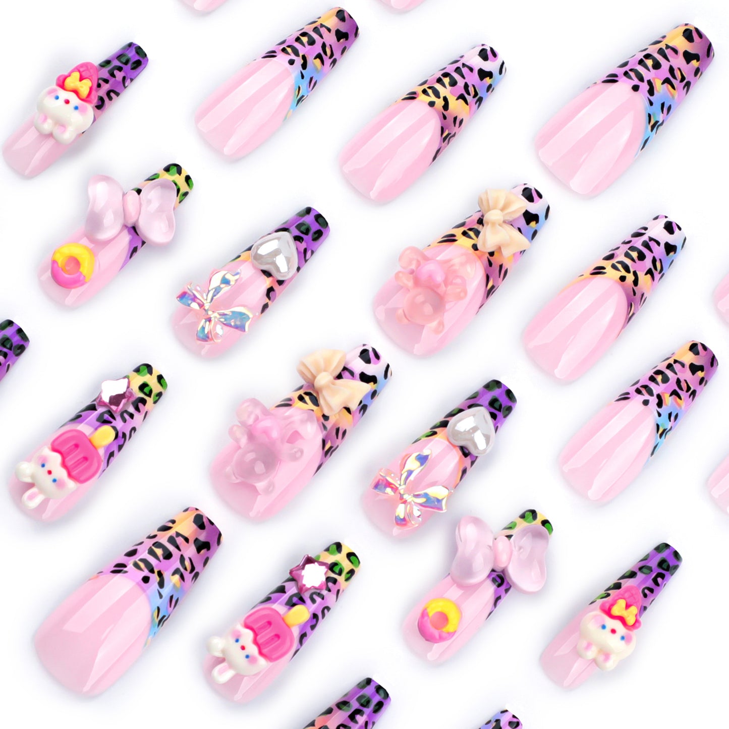 3D French Colorful Leopard Print Coffin 24PCS Free Size Press on Nails JP2797