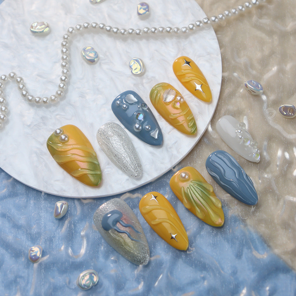 Pearl jellyfish Handmade Almond Press On Nails A806