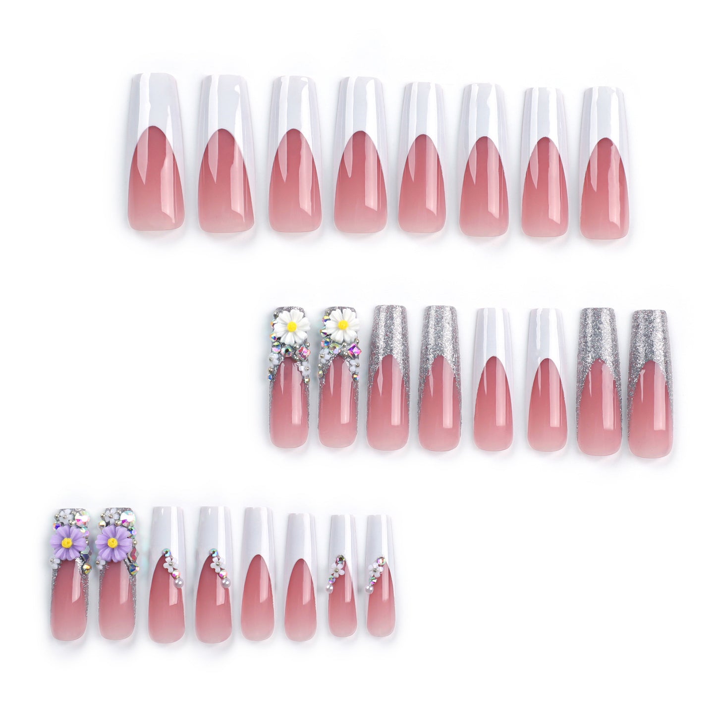 French Flower Glitter Extra Long Duckbill Press On Nails - NoirNail