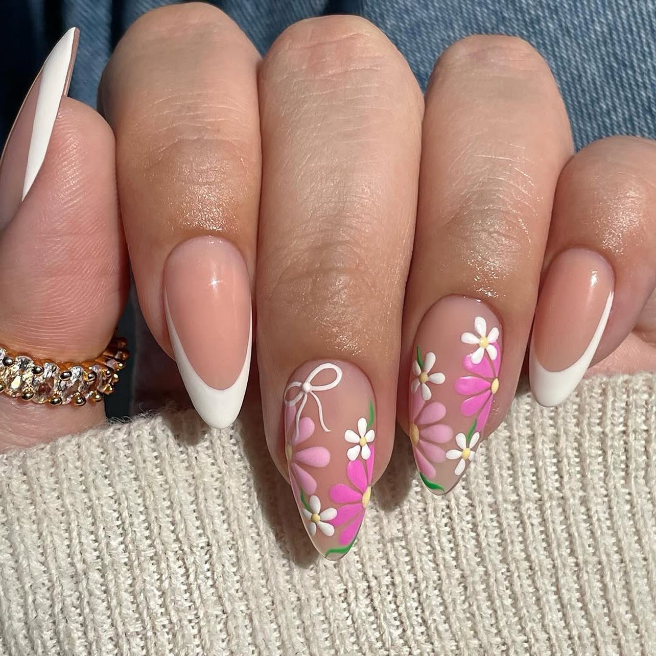 Pink Flowers Almond 24PCS Free Size Press on Nails JP3797