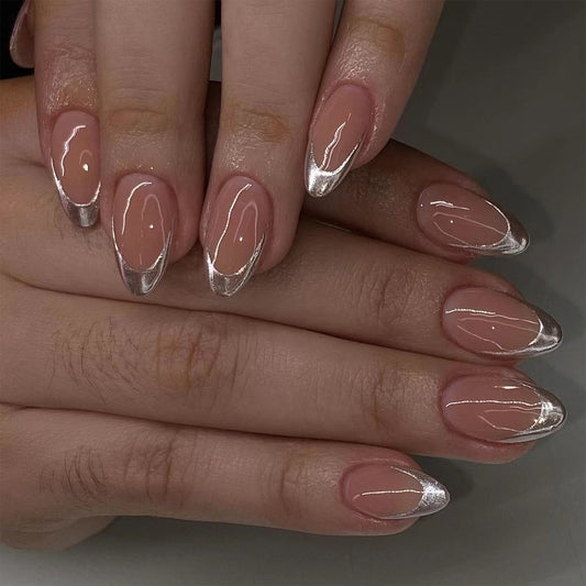 Silver Classic French Tip Almond 24PCS Free Size Press on Nails JP3583