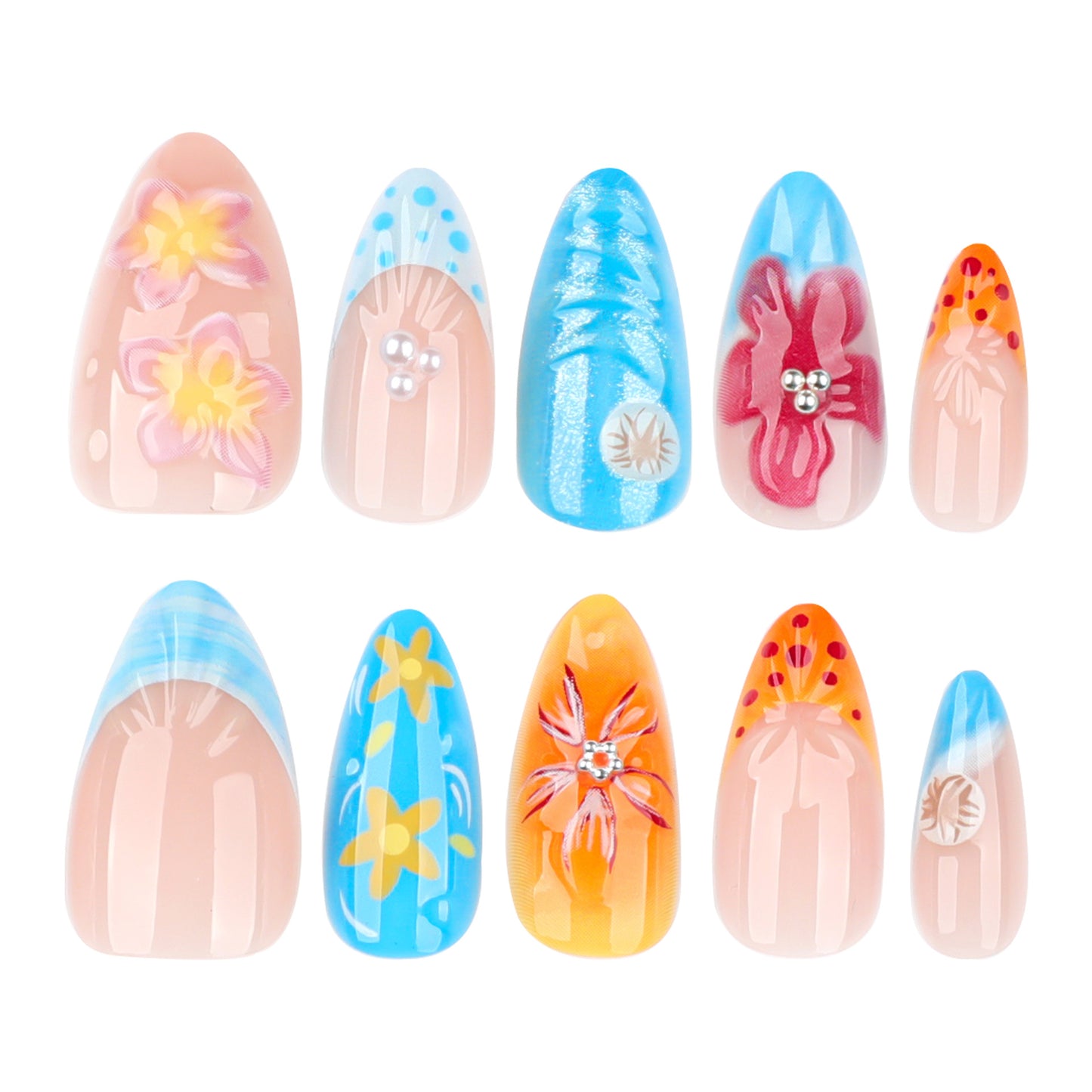 Tropical Flowers Almond 24PCS Free Size Press on Nails JP3900