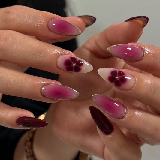 Pink Blooming Flowers Almond 24PCS Free Size Press on Nails JP3826