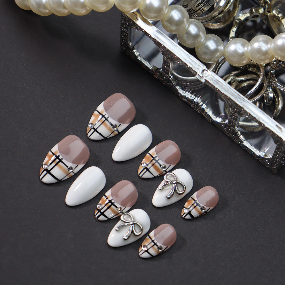 Plaid Skirt  French Tip Handmade Almond  Nails  A816 - NoirNail