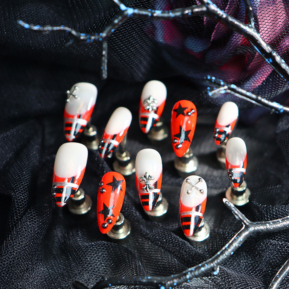 Pop Art Orange Star Y2K Handmade Almond  Nails A659 - NoirNail