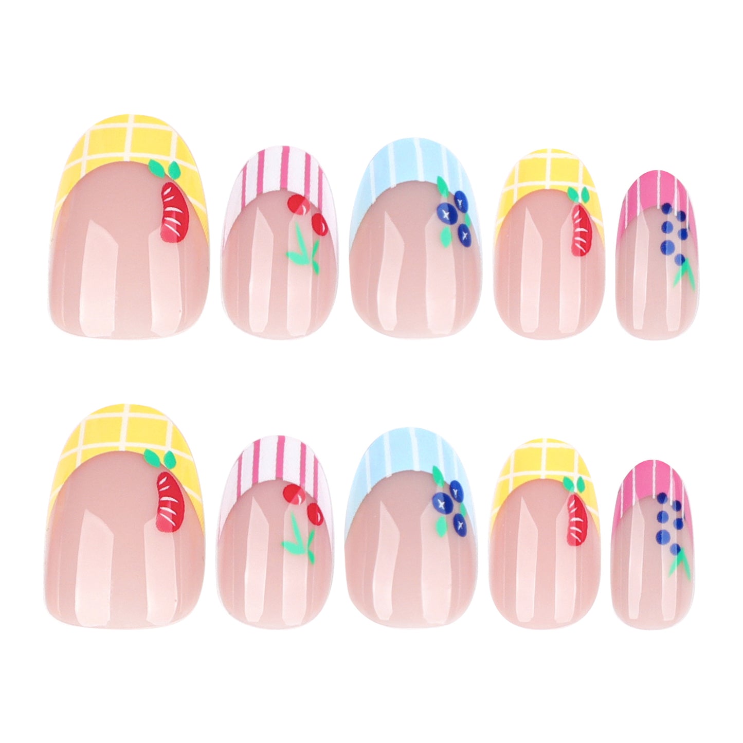 Striped Fruit Oval 24PCS Free Size Press on Nails JP3963
