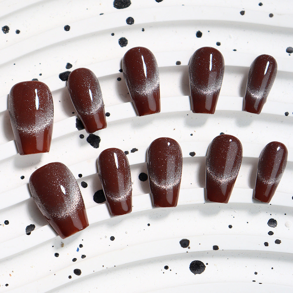 Hot Chocolate Simple Cat's Eye Handmade Almond Press on Nails 128