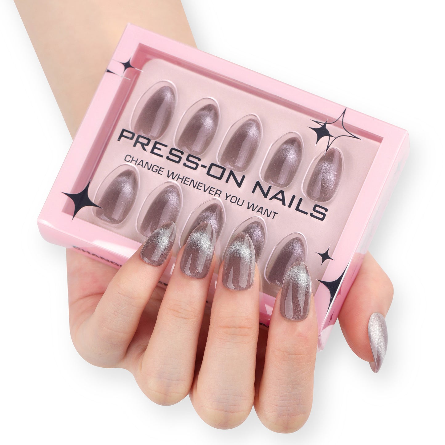 Simple French Cat Eye Almond 30PCS Free Size Press on Nails GD26