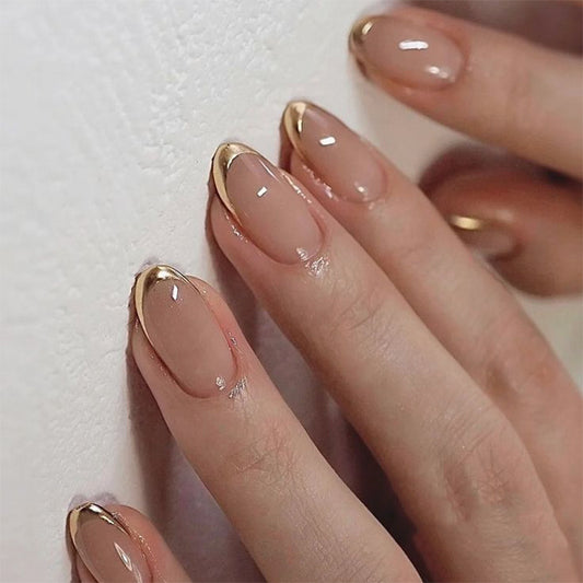 Gold Classic French Tip Almond 24PCS Free Size Press on Nails JP3719