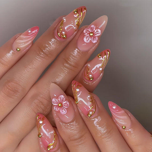 Summer 3D fresh flowers Almond 24PCS Free Size Press on Nails JP3881