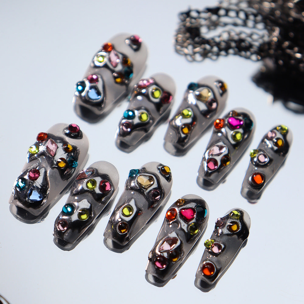 Punk Futuristic Colorful Gems Y3K Handmade Coffin Press on Nails A793