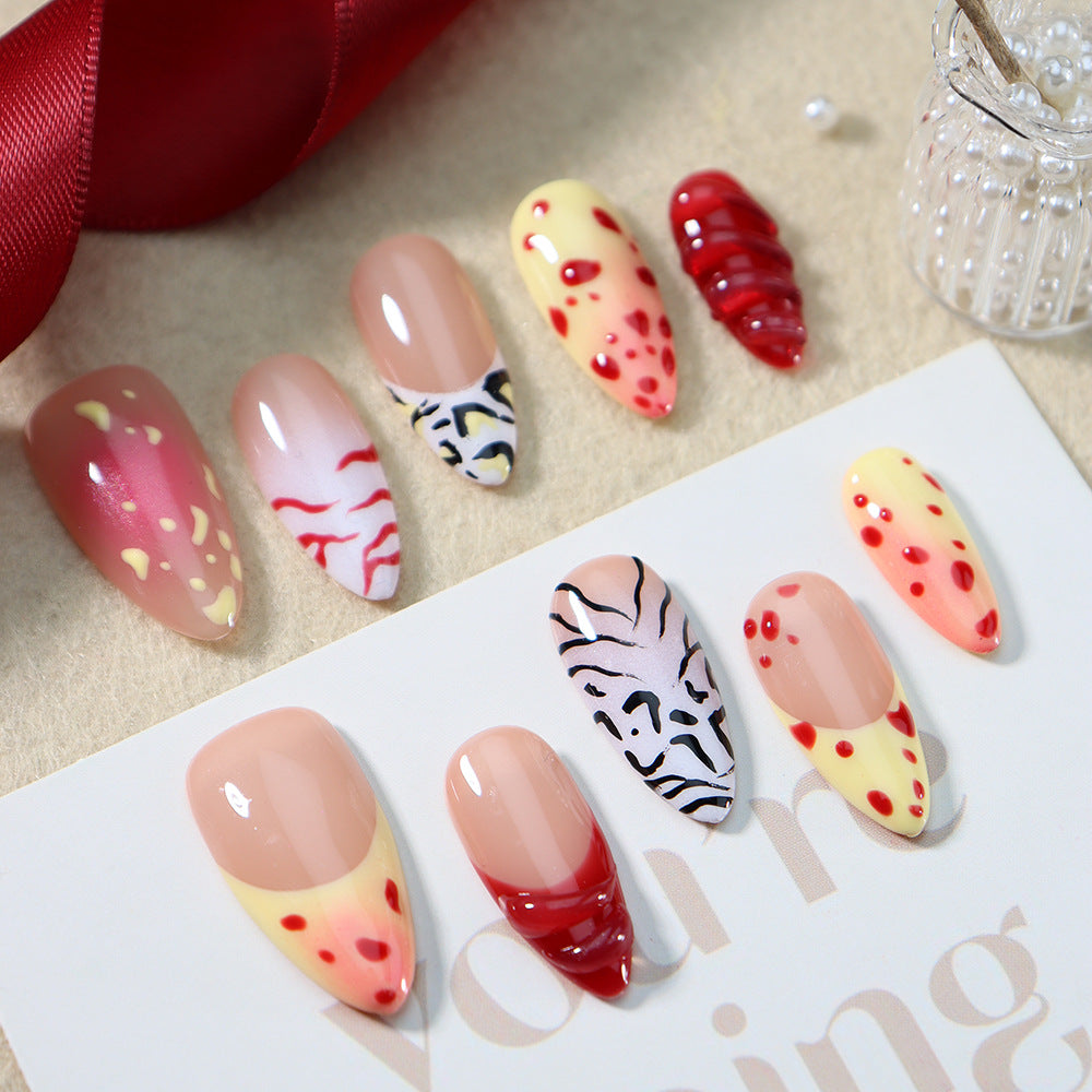 Crimson Zebra Print  French Tip Handmade Almond  Nails A918 - NoirNail
