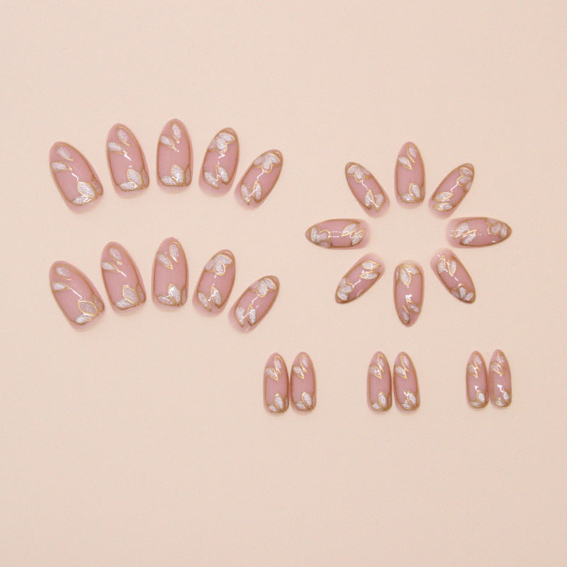 Gold Foil Flowers Rounded 24PCS Free Size Press on Nails W1749