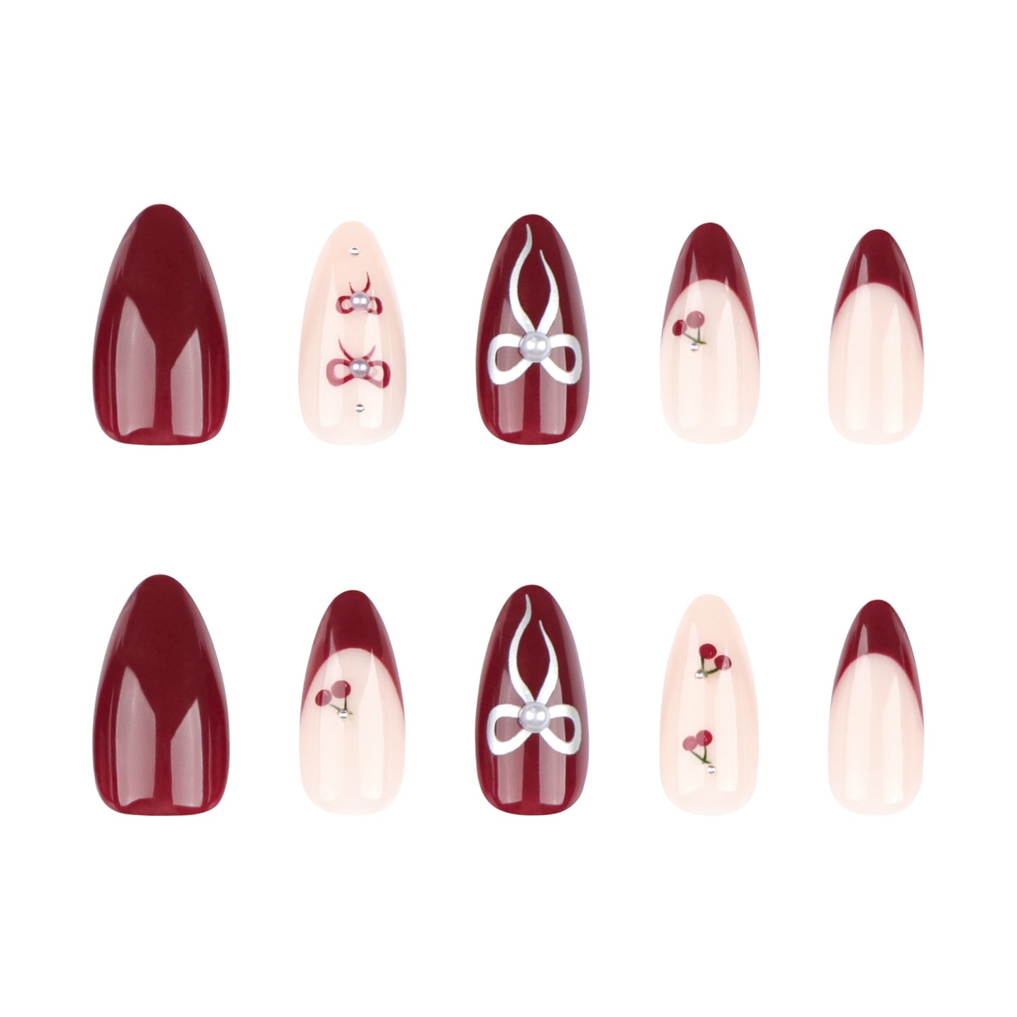 Cherry Wine Red Almond 24PCS Free Size Press on Nails