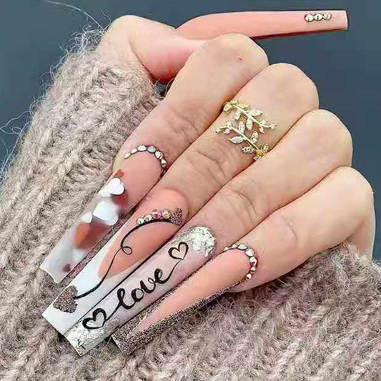 French Love Rhinestone Extra Long Coffin Press On Nails - NoirNail