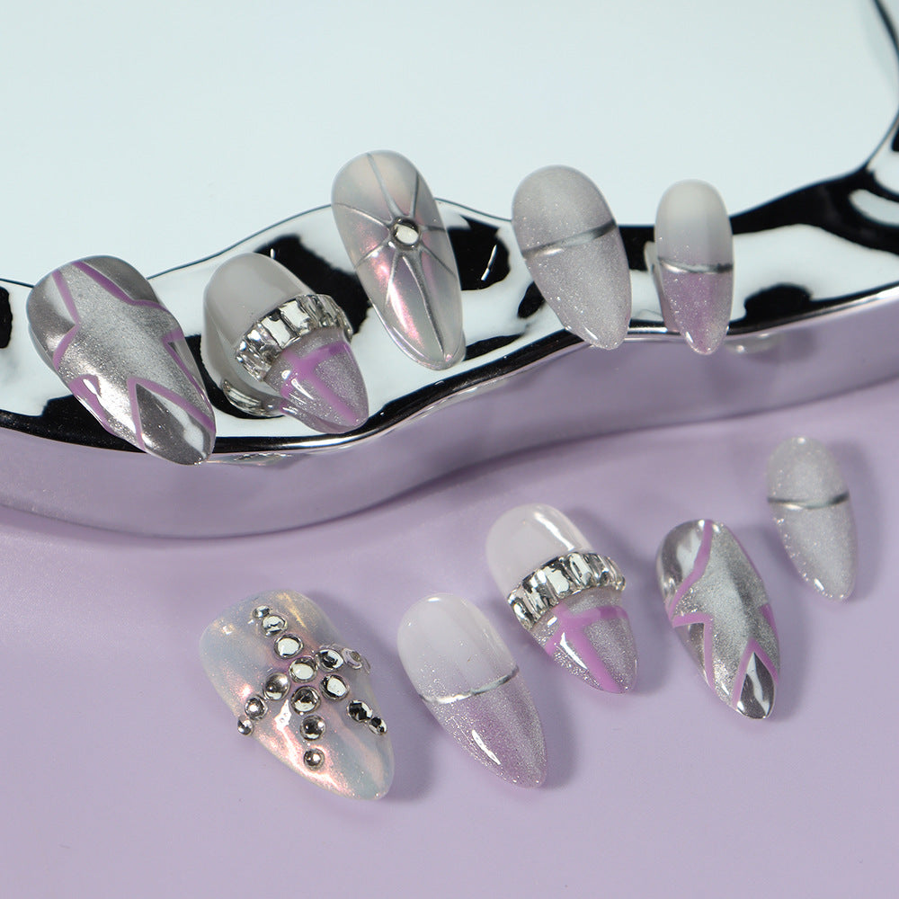 Star Cat's Eye  French Tip Handmade Almond  Nails  A919 - NoirNail