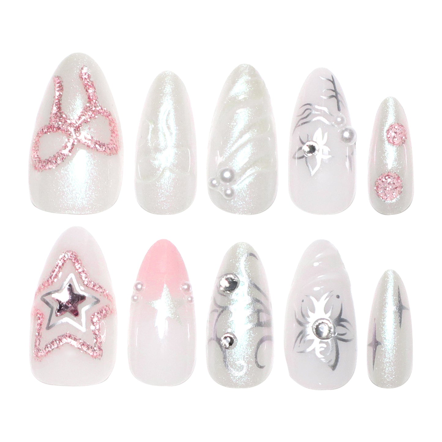 3D Stars Bow Almond 24PCS Free Size Press on Nails JP3847