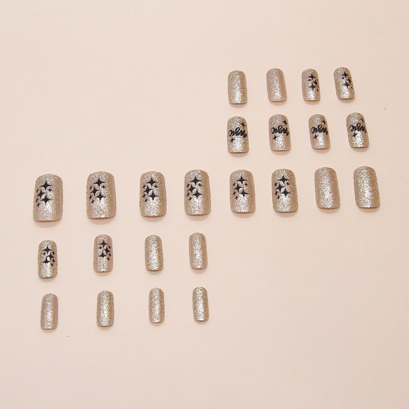 Golden Twinkling Stars Coffin 24PCS Free Size Press on Nails W1825
