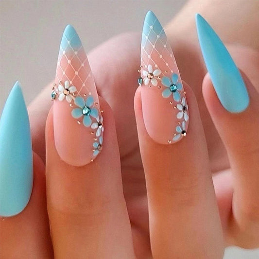 Blue Flower Gradient Matte Stiletto Press On Nails - NoirNail