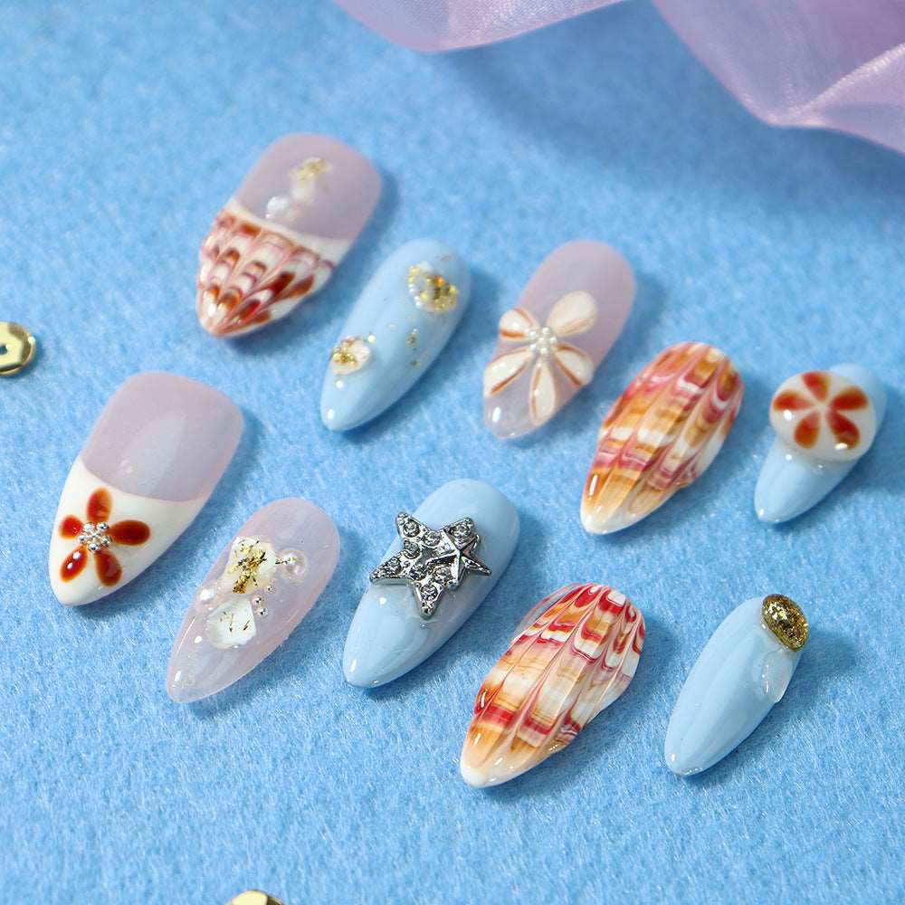 Autumn Beach  French Tip Handmade Almond  Nails A916
