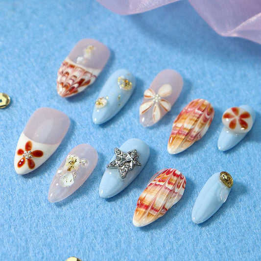 Autumn Beach  French Tip Handmade Almond  Nails A916