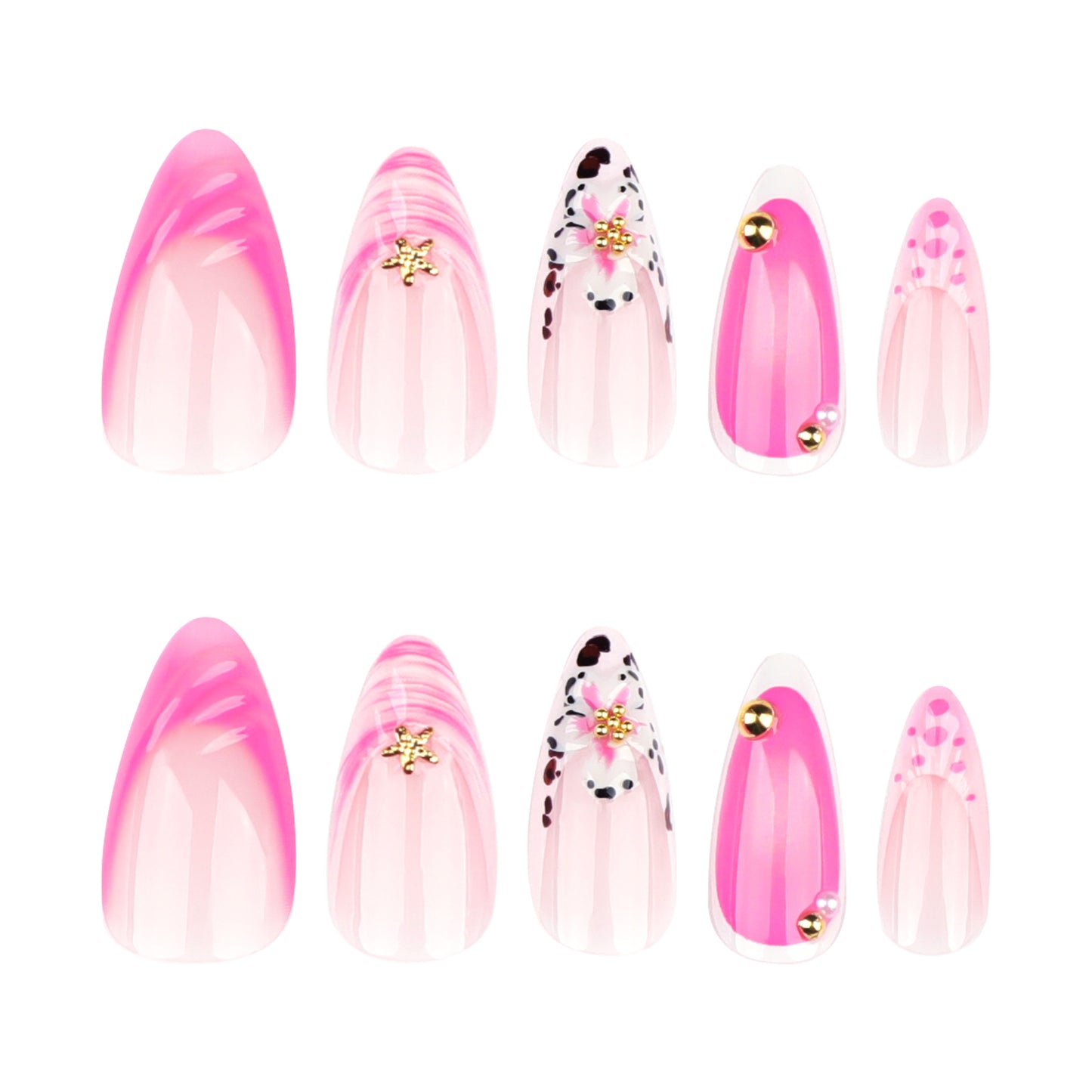 3D Pink French Lily Almond 24PCS Free Size Press on Nails  JP3687