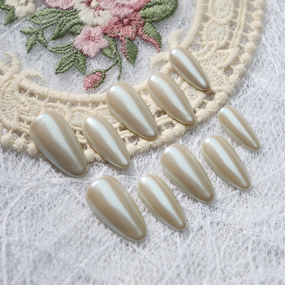White freshwater pearls  Handmade Almond  Nails A204 - NoirNail