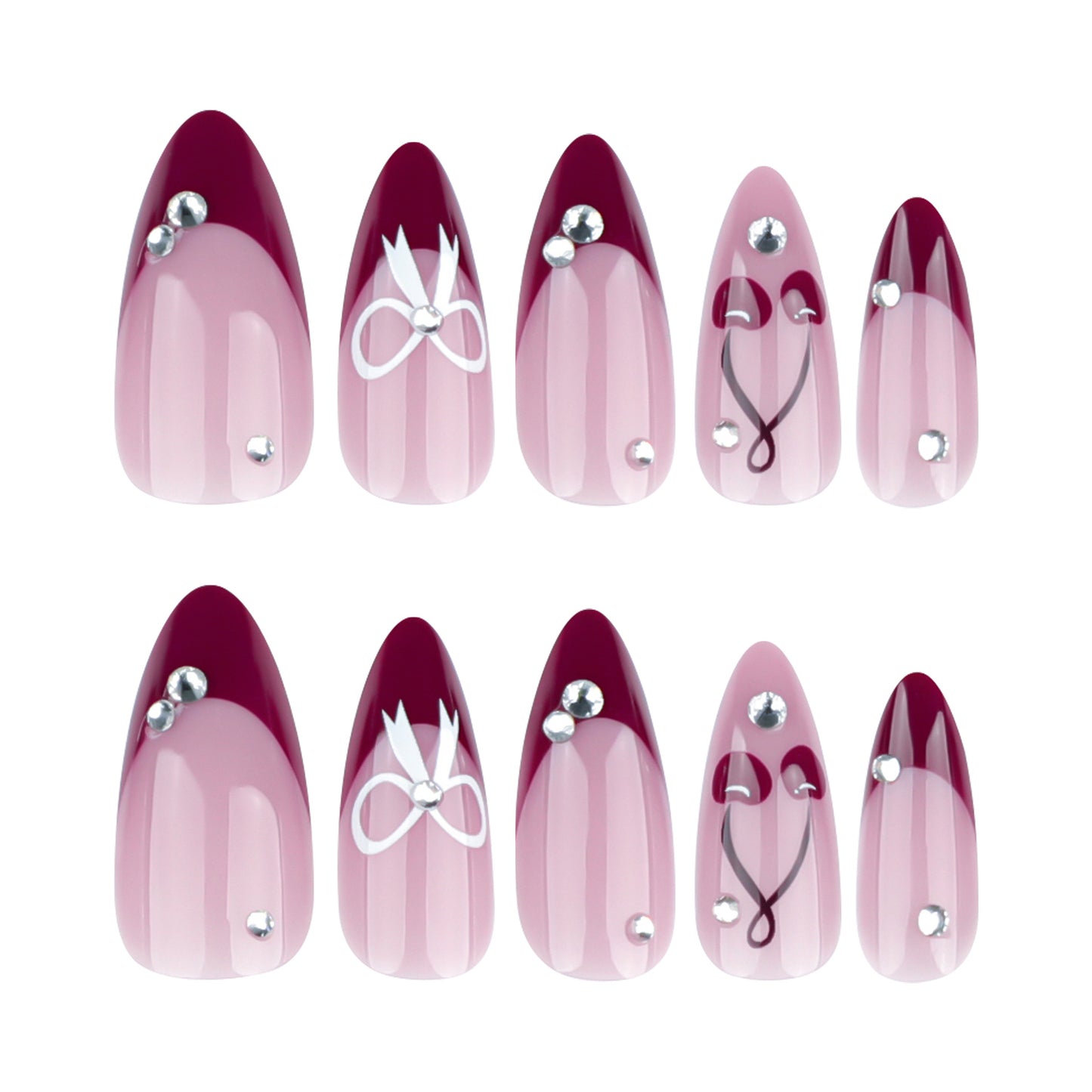 Burgundy French Pointed Cherry Almond 24PCS Free Size Press on Nails JP3733