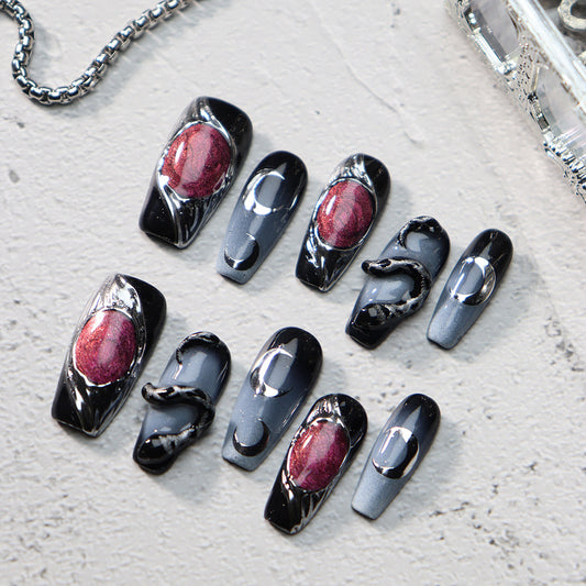 Crimson Punk Future Metal Y3K Handmade Coffin Press on Nails A684