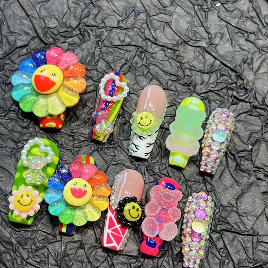 Colorful Sunflowers Handmade Coffin Press on Nails