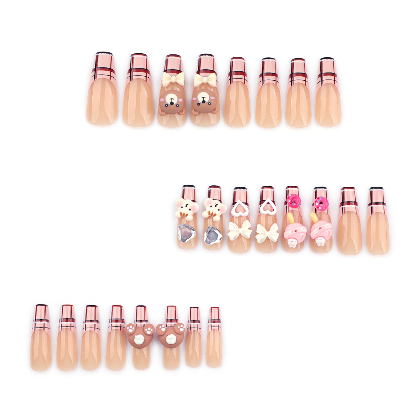 3D Cute Bear French Plaid Coffin 24PCS Free Size Press on Nails JP2796