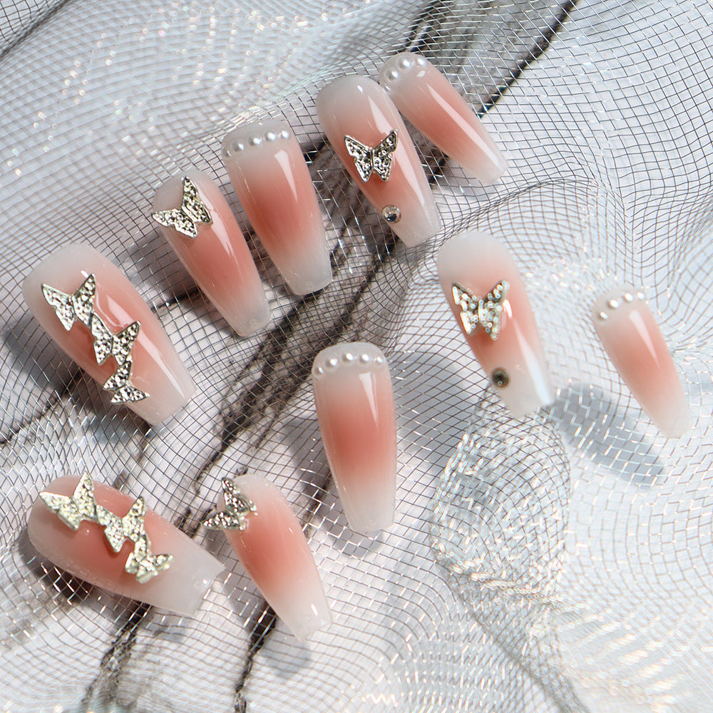 Desert Rose Butterfly rhinestones Handmade Coffin Press On Nails A61