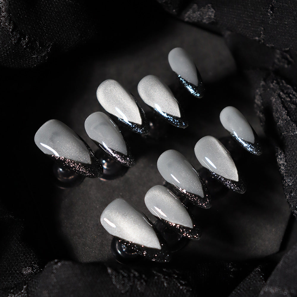 Black Swan French Tip Handmade Almond Press On Nails  A545