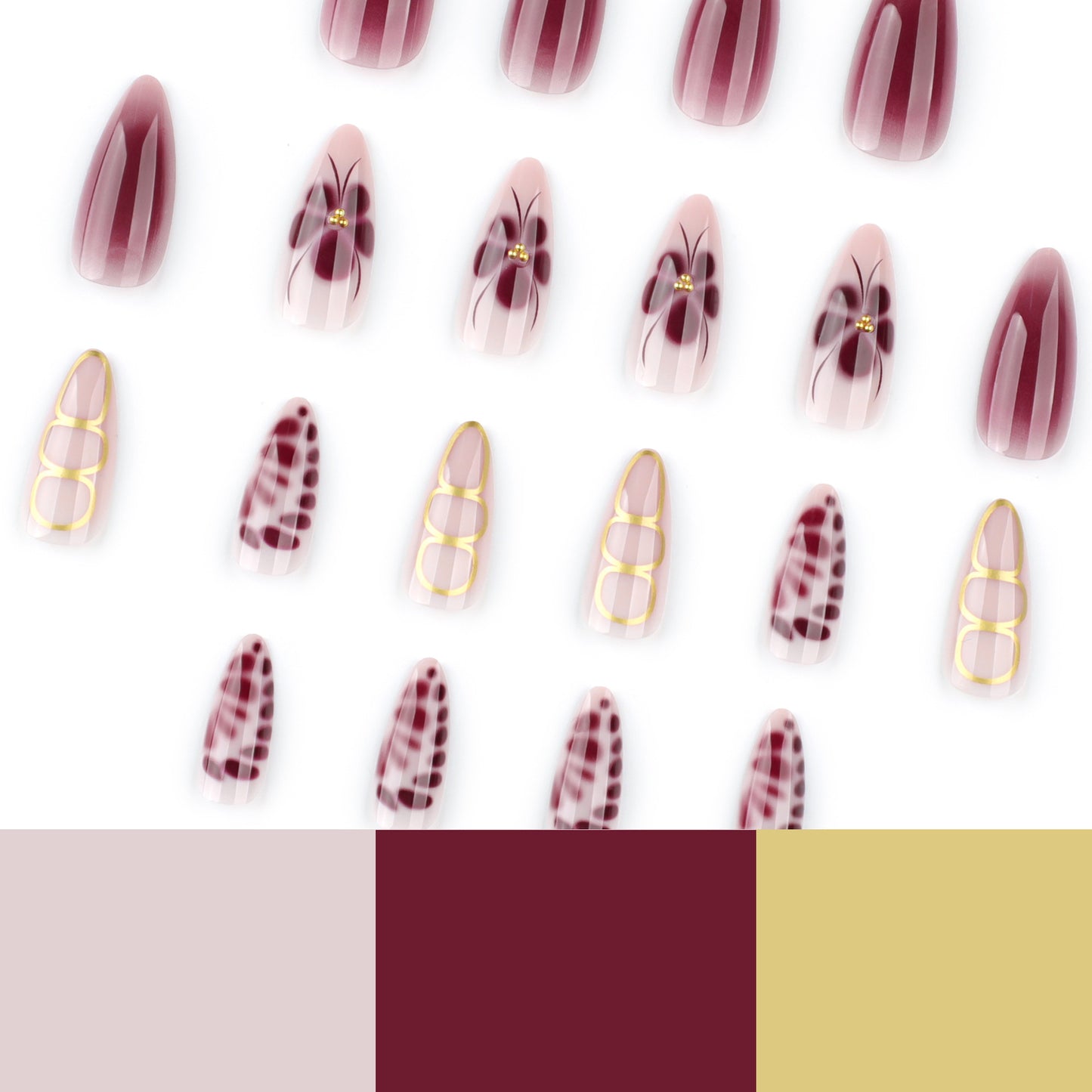 Y2K Claret Blooming Flowers Almond 24PCS Free Size Press on Nails
