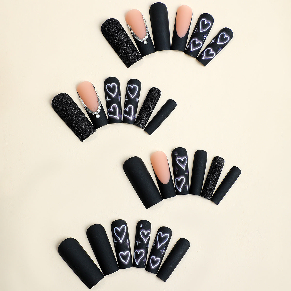 Pressons Black Heart Print Extra Long Duckbill Press On Nails - NoirNail