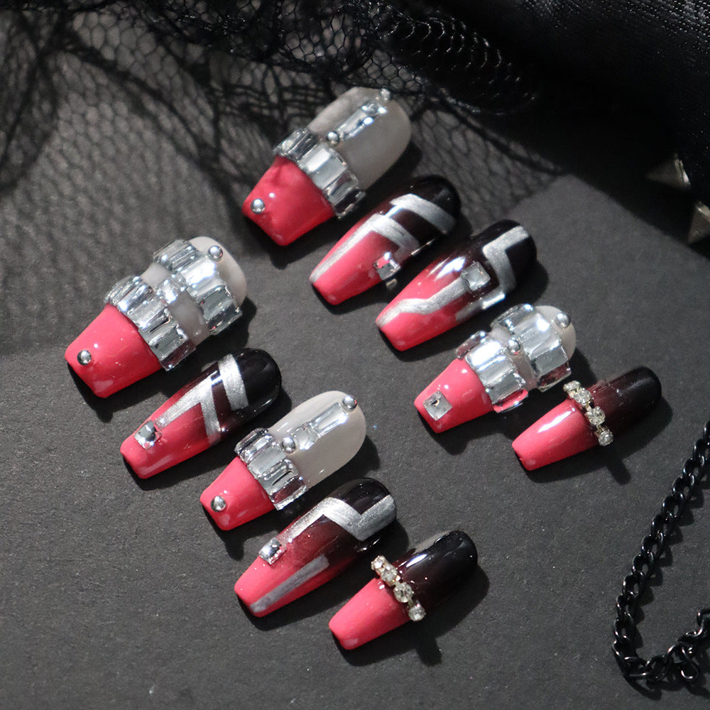 Pink Royal French Tip Y2K  Handmade Coffin  Nails  A766 - NoirNail