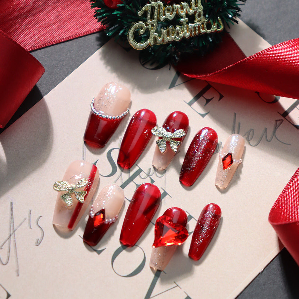 Merry Christmas Ruby Rhinestones Handmade Coffin Press On Nails  A674