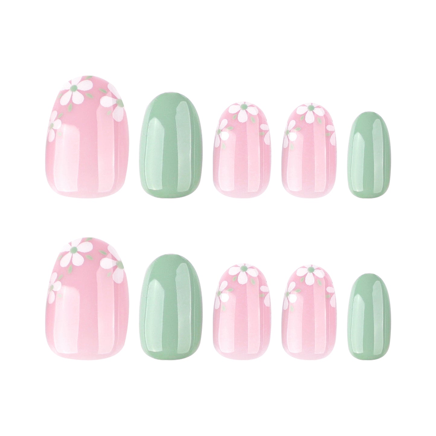 Green Flowers Almond 24PCS Free Size Press on Nails JP3782