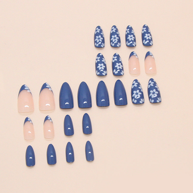 Blue Flowers Almond 24PCS Free Size Press on Nails W1766