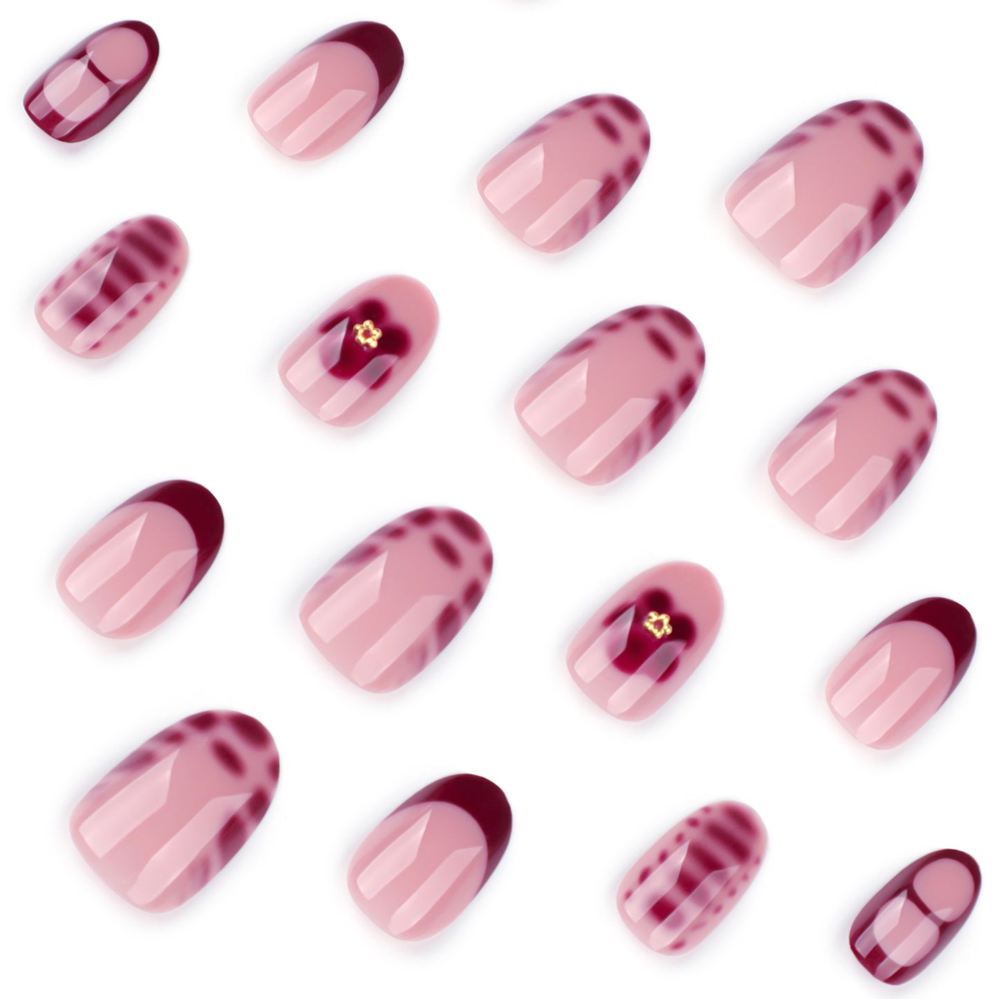 Burgundy Flowers Oval 24PCS Free Size Press on Nails JP3841
