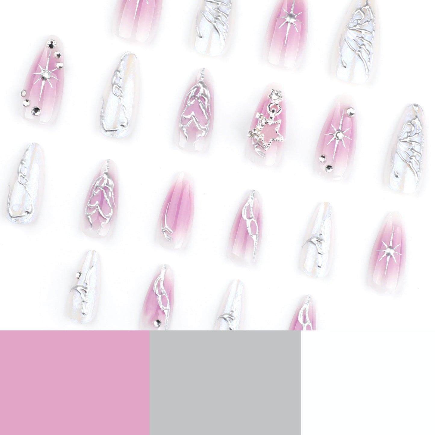 Y2K 3D Silver Butterfly Almond 24PCS Free Size Press on Nails JP3690