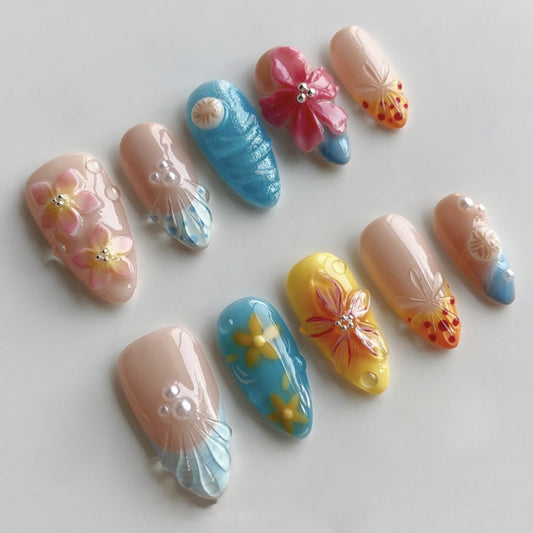 Tropical Flowers Almond 24PCS Free Size Press on Nails JP3900